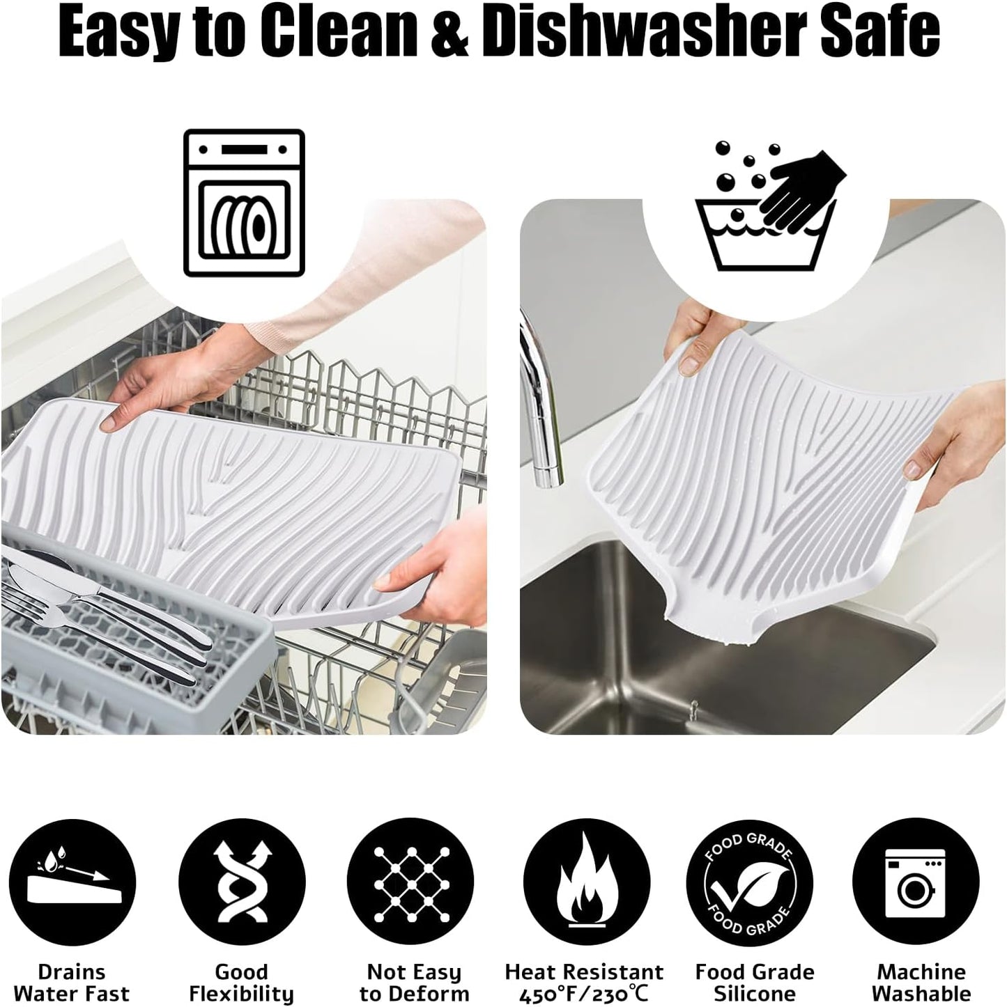 Dish Drying Mat,Stone Drying Mat for Kitchen Counter with Built-in Drain,Non-Slip Drying Matt Kitchen Counter, Heat Resistant Silicone Drying Mat, Dish Drying Pad, 2 Pcs(Ivory, 19.7"x17")