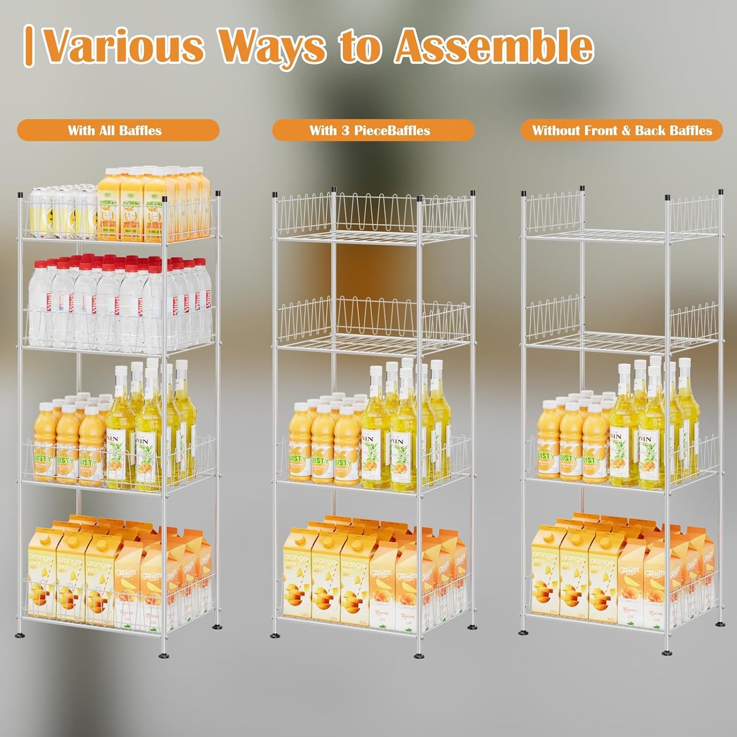Water Bottle Holder Organizer 4 Tier Drink Can Shelf Organizer Rack for Floor Freestanding Water Bottle Rack Stand Beverage Storage Shelf for Pantry Kitchen Food Storage, Silver