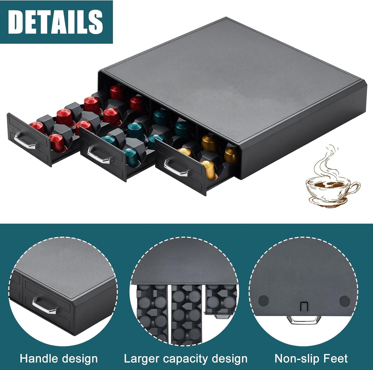 K Cup Holder Drawer 30 Pods Capacity, Three Drawers Design for Nespresso Pods Holder, Coffee Pod Holder Compatible With Keurig Pod Organizer&Nespresso/K-Cup/Vertuo Pod Holder, Black