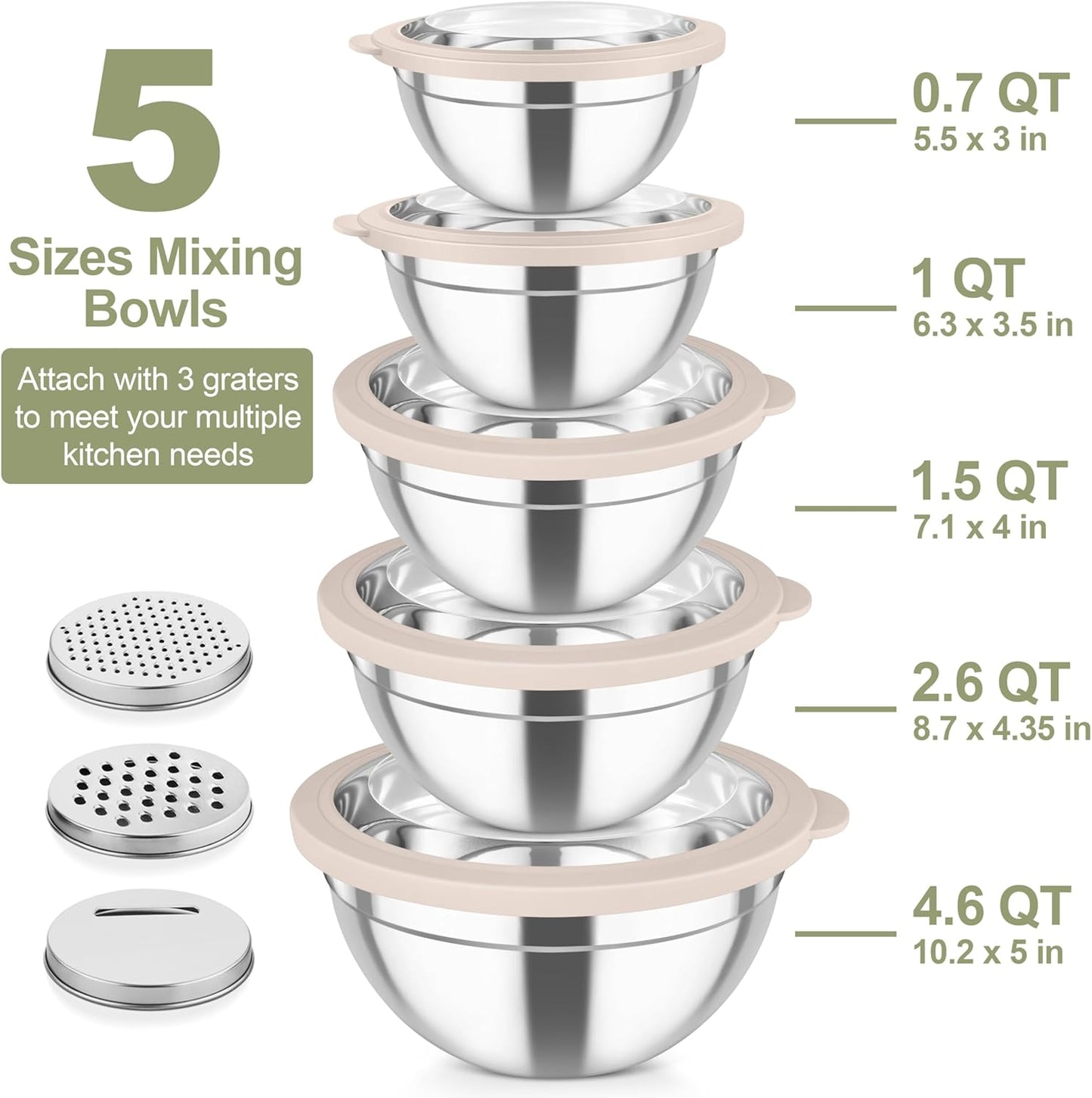 TeamFar Mixing Bowls, Stainless Steel Salad Serving Bowl with Clear Lids & 3 Graters, For Kitchen Cooking Prepping Storing, Size 4.6/2.6/1.5/1/0.7 QT, Nesting & Airtight, Set of 5 & Khaki