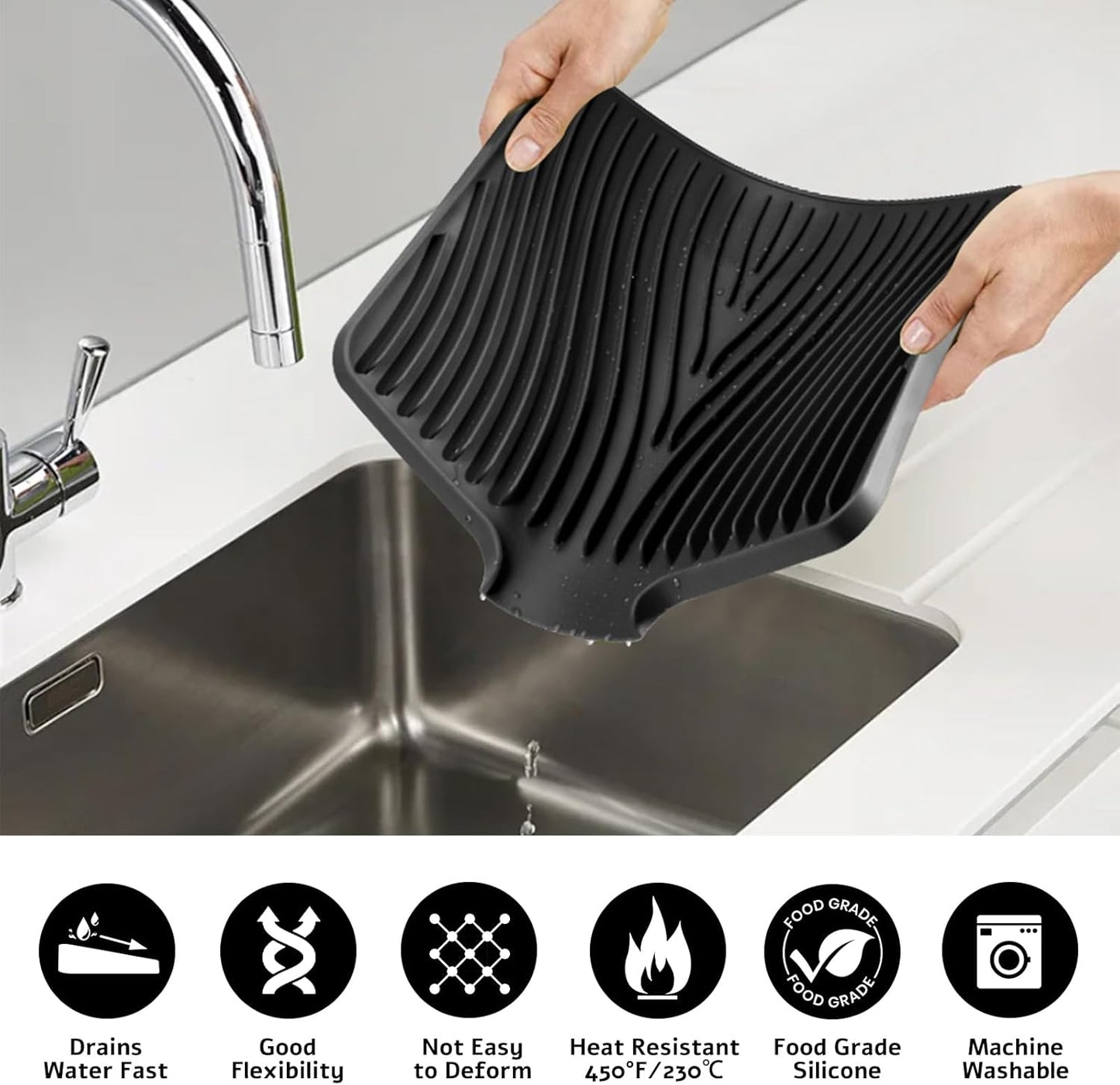 Dish Drying Mat, Stone Drying Mat for Kitchen Counter with Built-in Drain, Non-Slip Drying Matt Kitchen Counter, Heat Resistant Silicone Drying Mat, 2 Pcs(15.8"X 13", Black)
