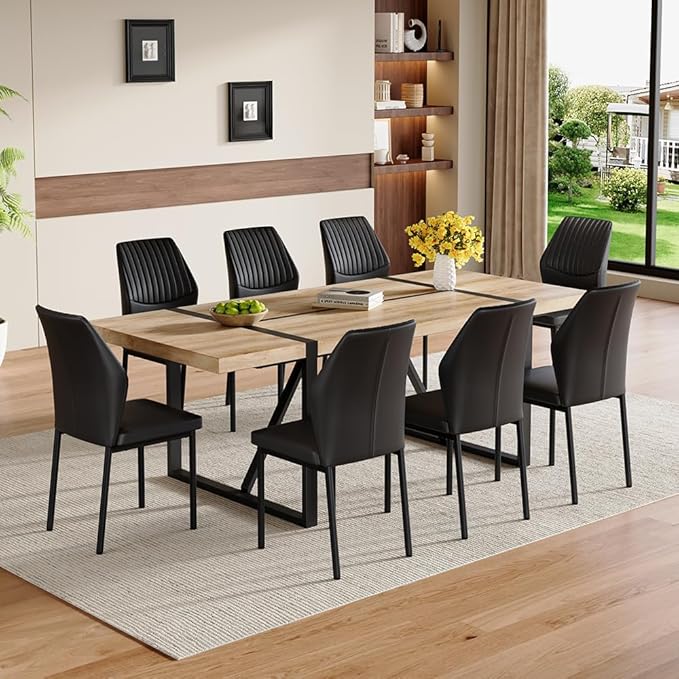 86.6" Dining Table Set for 8, Modern 9 Piece Wood Kitchen Table and Chairs Set, Rectangle Dining Room Table with 8 PU Leather Upholstered Chairs, Ideal for Home, Kitchen, or Apartment Dining