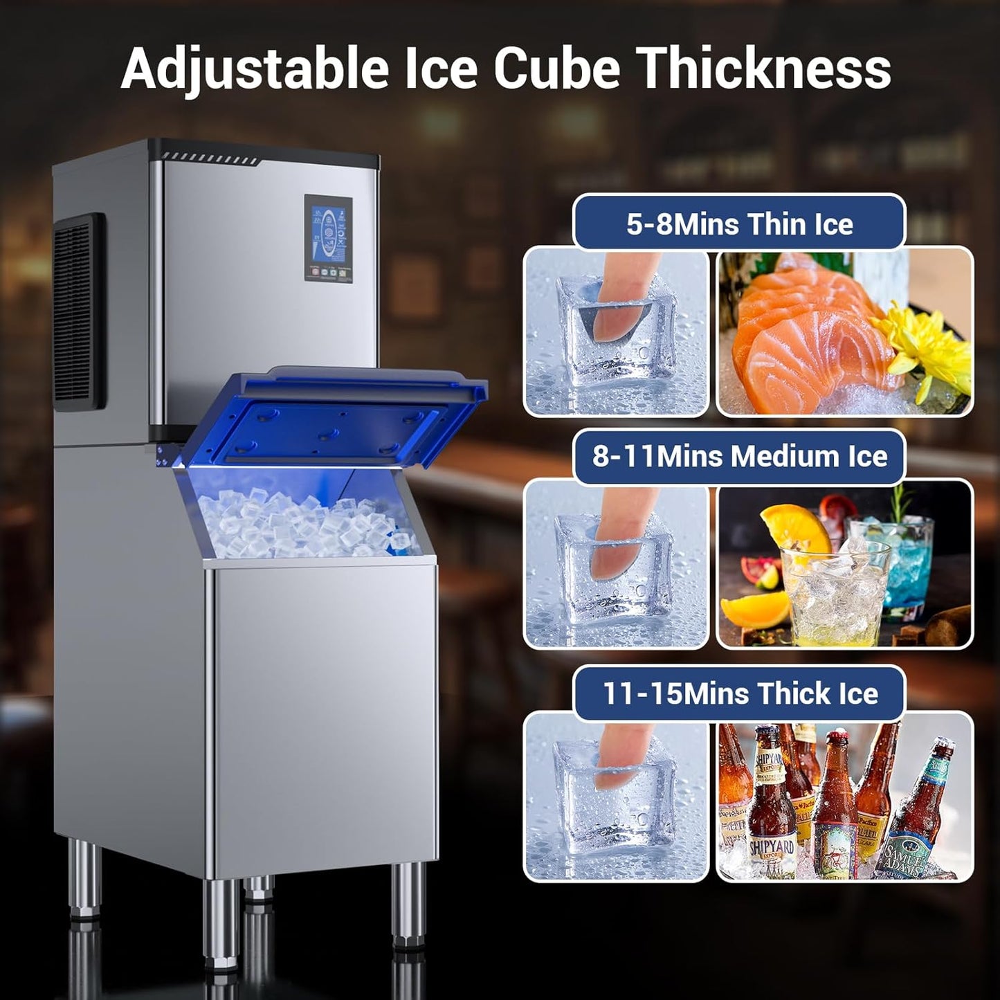 Commercial Ice Maker Machine 680lbs/24H, Ice Ready in 5-15 min, 450lbs Large Storage Bin, Ice Machine Stainless Steel with Water Line Hookup Self-Cleaning Function,30 Adjustable Ice Thicknesses