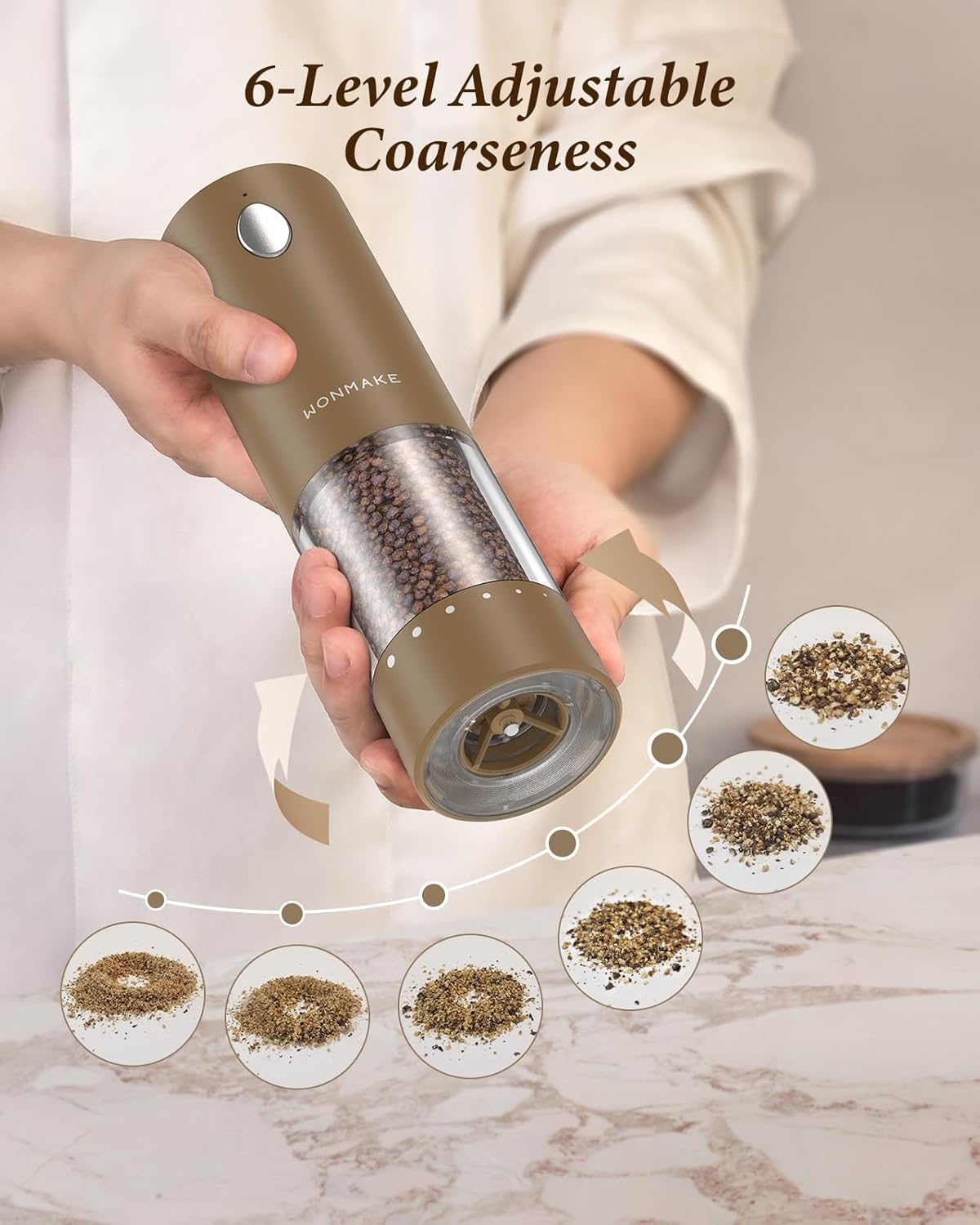 Electric Salt and Pepper Grinder Set - Automatic Refillable Salt and Pepper Grinders with Charging Base & LED Light, 6-Level Adjustable Coarseness with External Dial, Ideal Kitchen Gadget，Brown