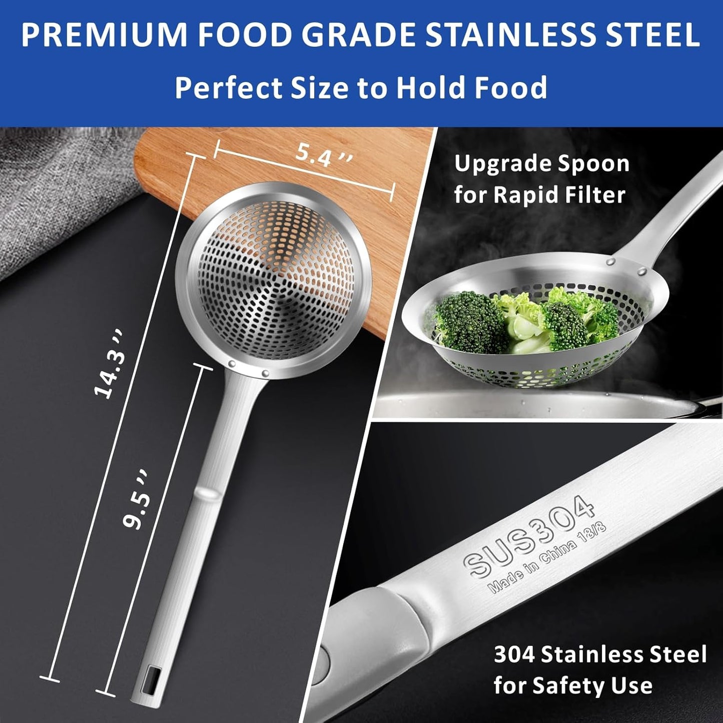 Yimi Skimmer Slotted Spoon Ladle,304 Stainless Steel Durable Cooking Frying Colander, Rustproof Large Scoop Kitchen Strainer Fryer with Vacuum Ergonomic Handle, Ideal for Gift, 15 Inches