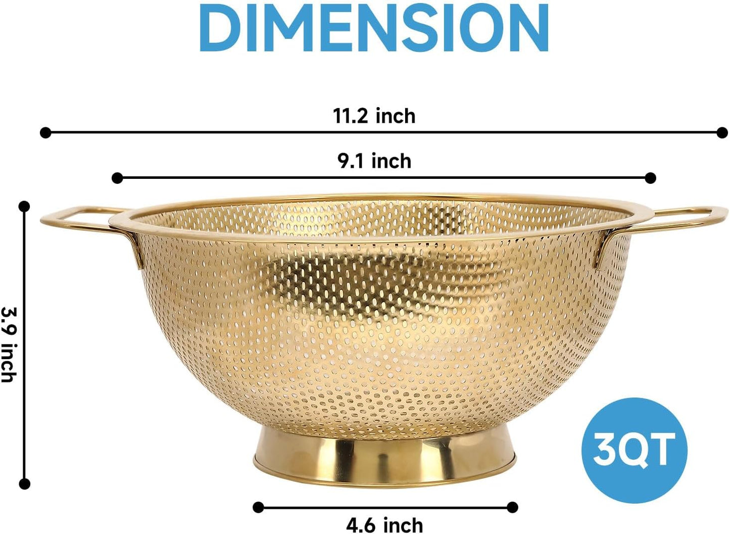 Gold Strainer for Kitchen, 3QT, Stainless Steel Colander with Handle for Fruits Vegetables Cooking Food, Dishwasher Safe