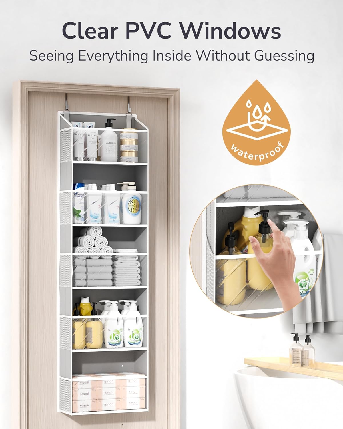 ULG 1-Pack Over Door Organizer with 5 Large Pockets 10 Mesh Side Pockets, 44 lbs Weight Capacity Hanging Storage Organizer with Clear Window for Bedroom Bathroom Kitchen, RV, Camper, Clear