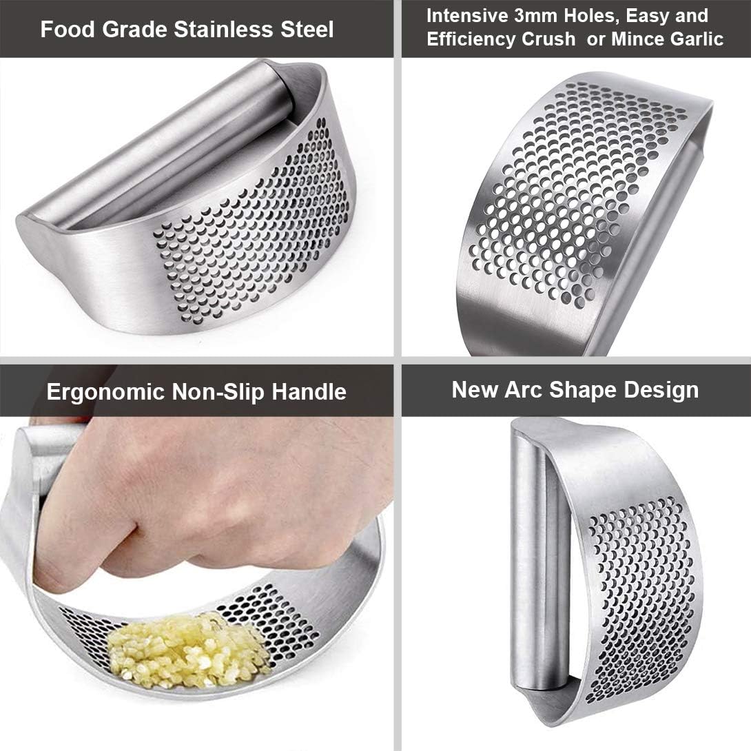 GuDoQi Garlic Press Rocker, Stainless Steel Garlic Mincer Garlic Crusher, Garlic Chooper with Peeler and Scraper Brush, Garlic Press with Ergonomic Handle, Innovative Kitchen Gadgets