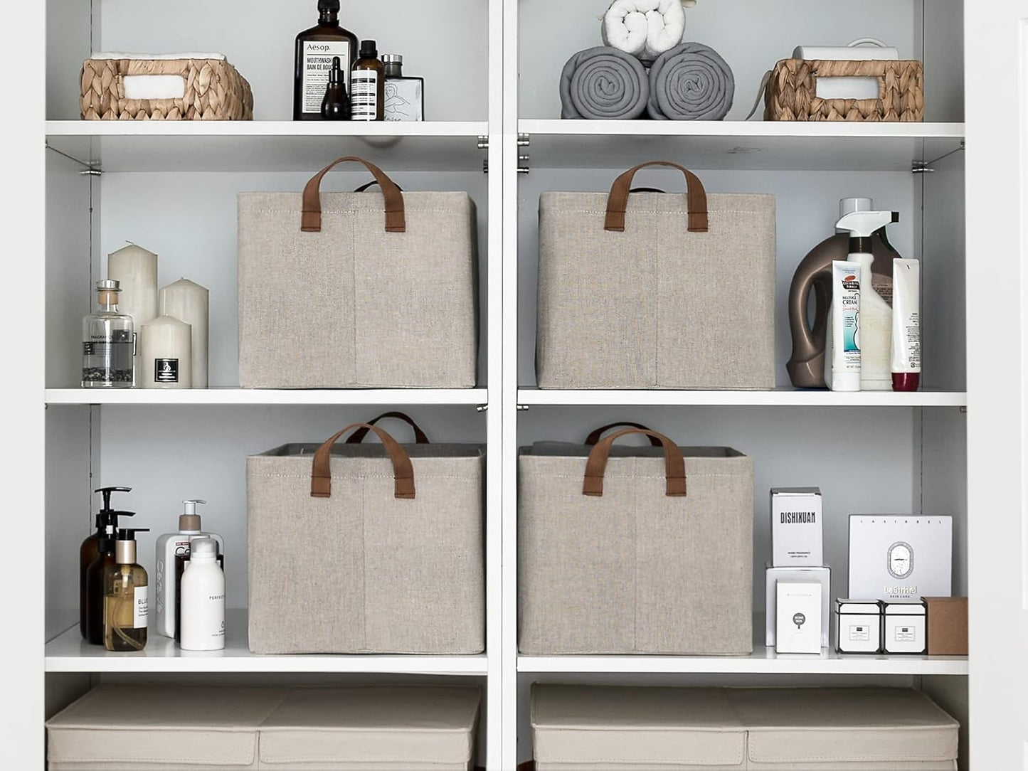 StorageWorks Storage Baskets for Shelves with Metal Frame, Organizing Bins, Fiber Shelf Baskets, Brown and Beige, 4-Pack