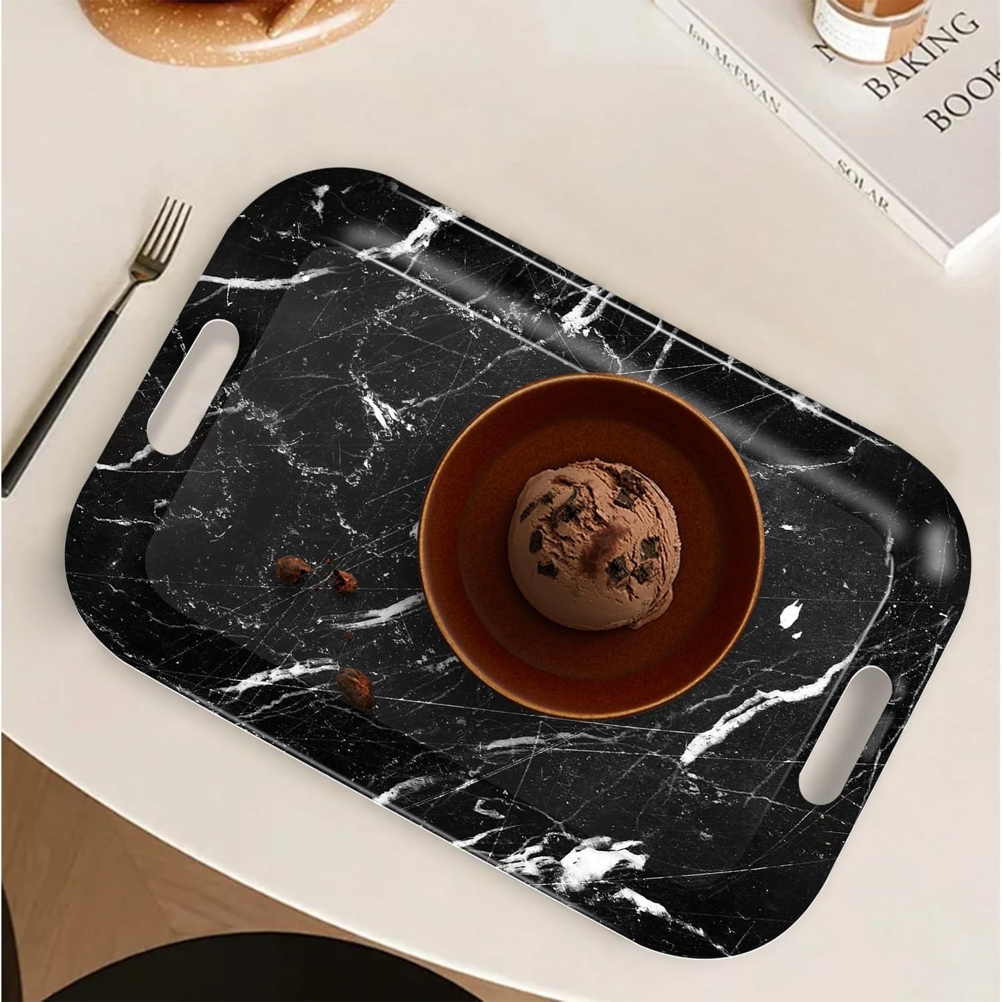 Serving Trays with Handles, 14.5 x 9.8 inch Rectangular Plastic Tray for Restaurant, Kitchen, Black Marble