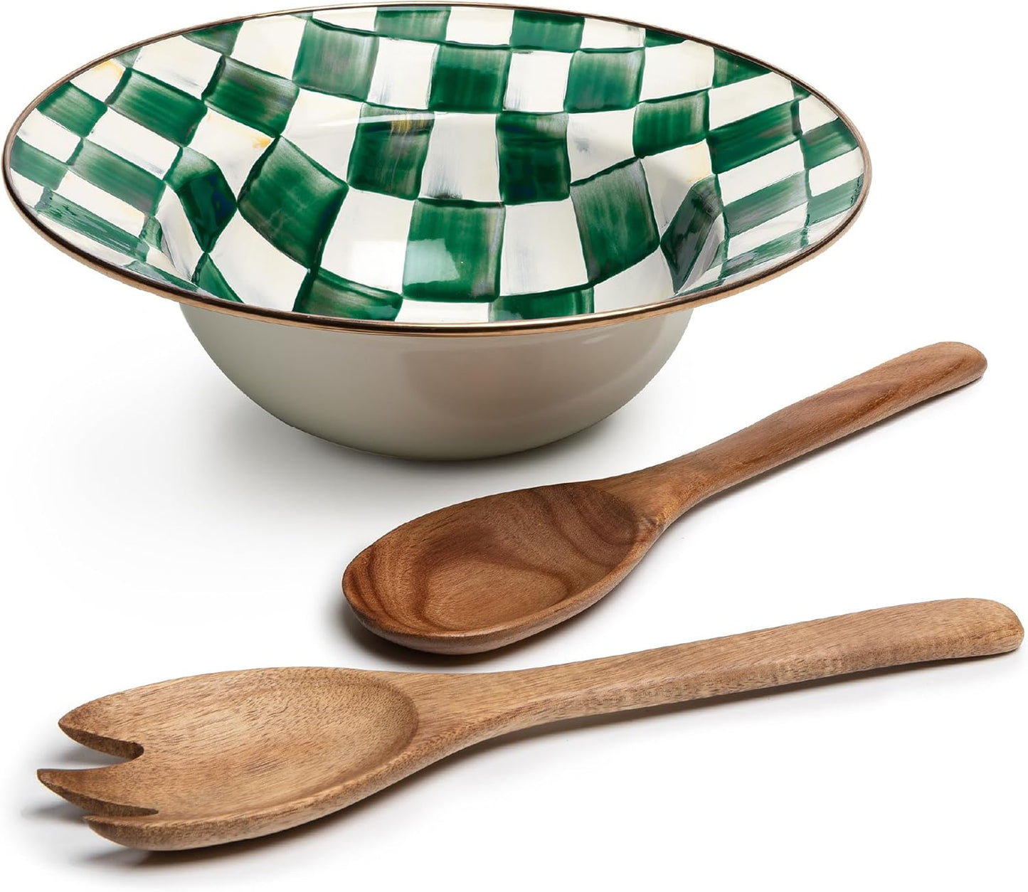 MACKENZIE-CHILDS Enamel Salad Serving Set, Enamel Bowl and Wooden Salad Servers, Decorative Kitchen Set, Green-and-White Emerald Check