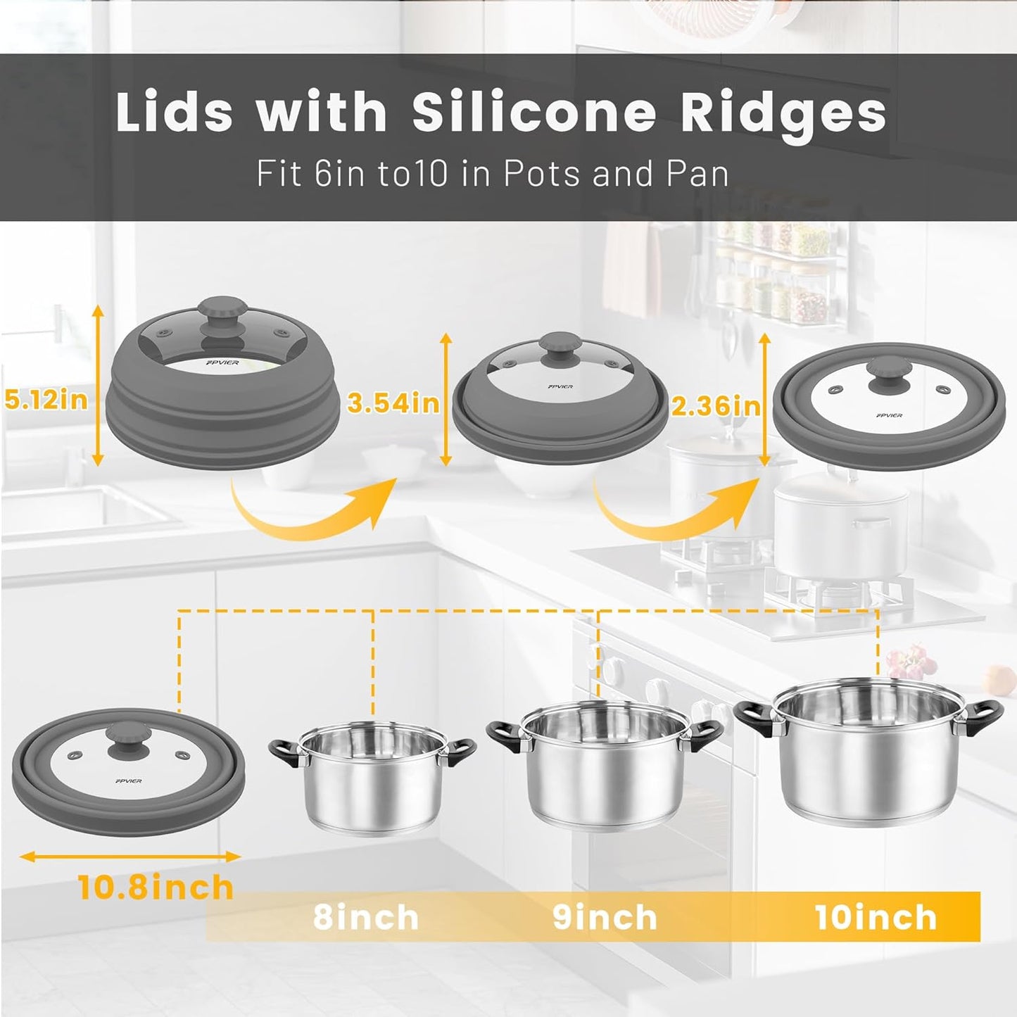 Collapsible Microwave Splatter Cover - Vented Silicone & Glass Lid with Easy-Grip Handle, Fits 6 to 10 Inch Plates & Bowls, 10.8 Inch Diameter, Prevents Splatters & Ensures Even Heating