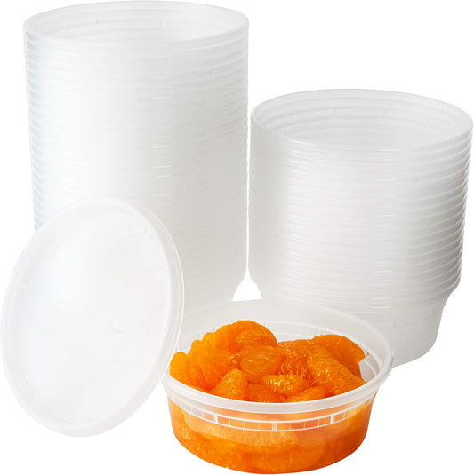 Deli-Grade BPA-Free 8oz Plastic Containers with Lids 48ct. Leakproof Microwavable Portion Container for To-Go Orders, Food Prep and Storage. Reusable Takeout Cups for Restaurant, Cafe and Catering.