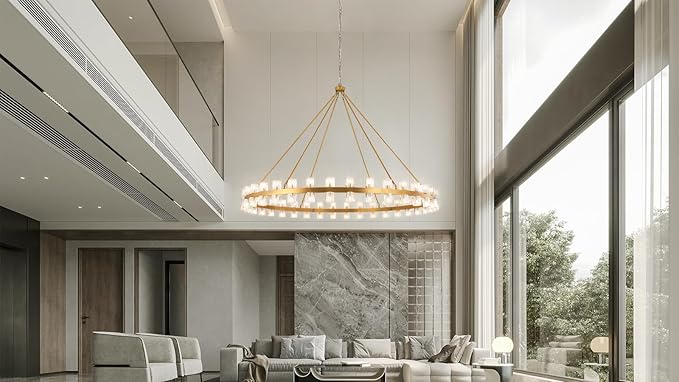 70 Inch Gold Wagon Wheel Chandelier with Crystal Shade, 72 Lights, Modern Farmhouse Style, Ideal for Dining Room, Kitchen, Entryways