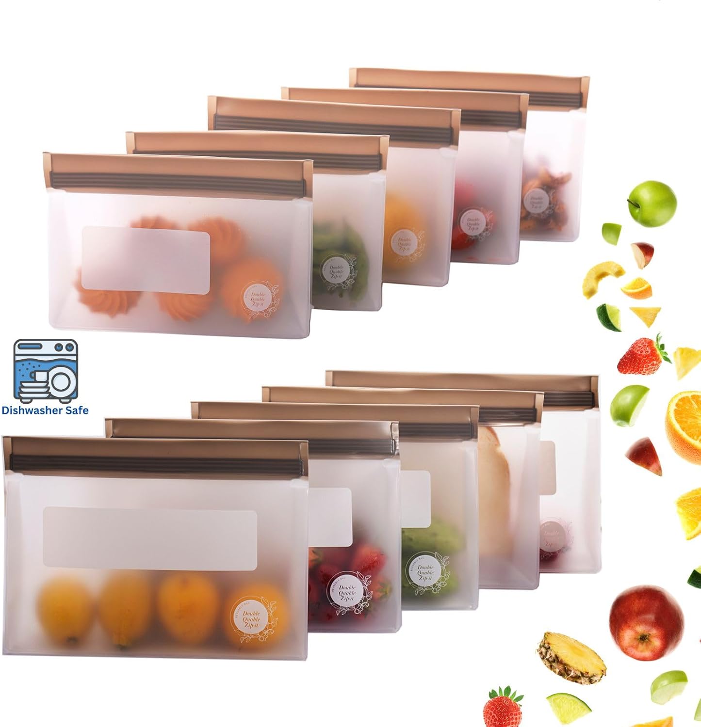 Reusable Silicone Food Storage Bags – 10-Pack Stand-Up, BPA-Free, Freezer, Dishwasher Safe, & Eco-Friendly – 5 L, 5 M Bags – Airtight Leakproof Sandwich, Snack, Travel & Make-Up baggies (Grey)