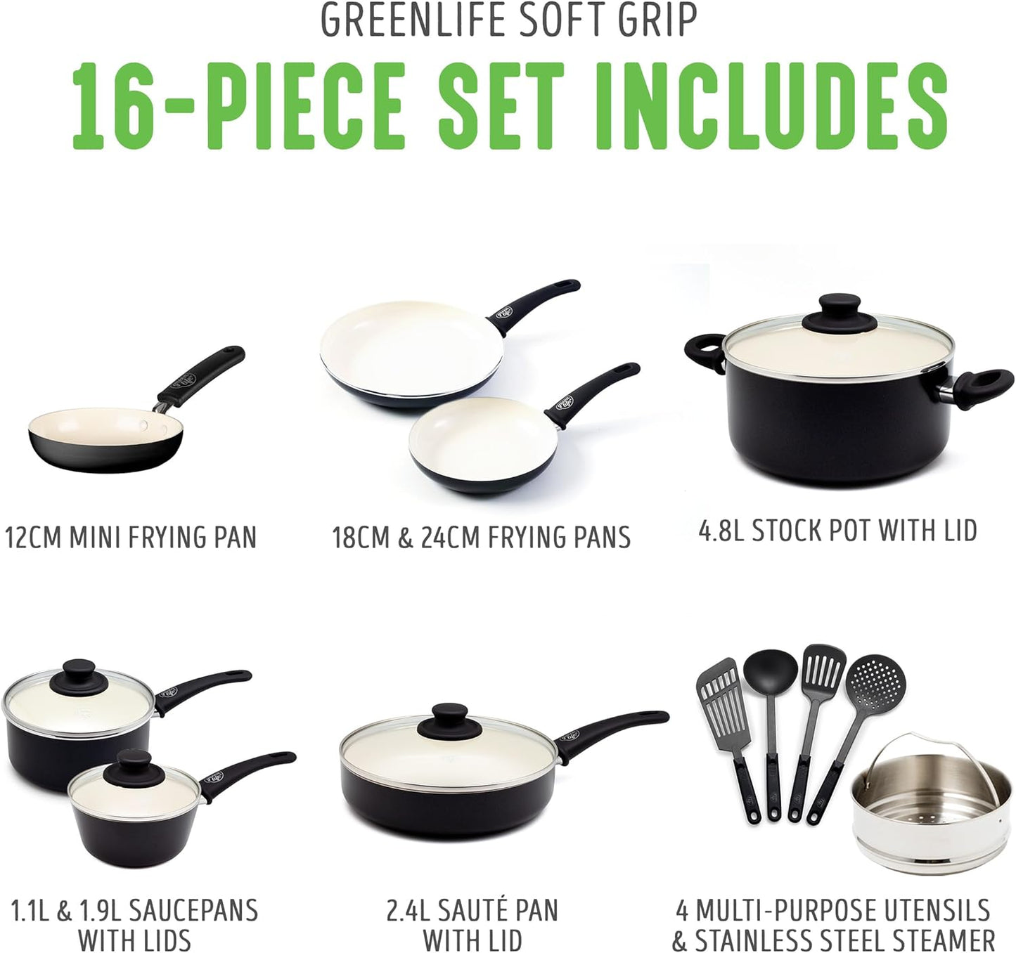 GreenLife 16 Piece Nonstick Cookware Set, Soft Grip Non-Toxic PFAS-Free Ceramic Pots & Pans, Dishwasher & Oven Safe, Frying, Sauce, Utensils, Glass Lids, Stay-Cool Handles, Wobble Free, Black & Cream