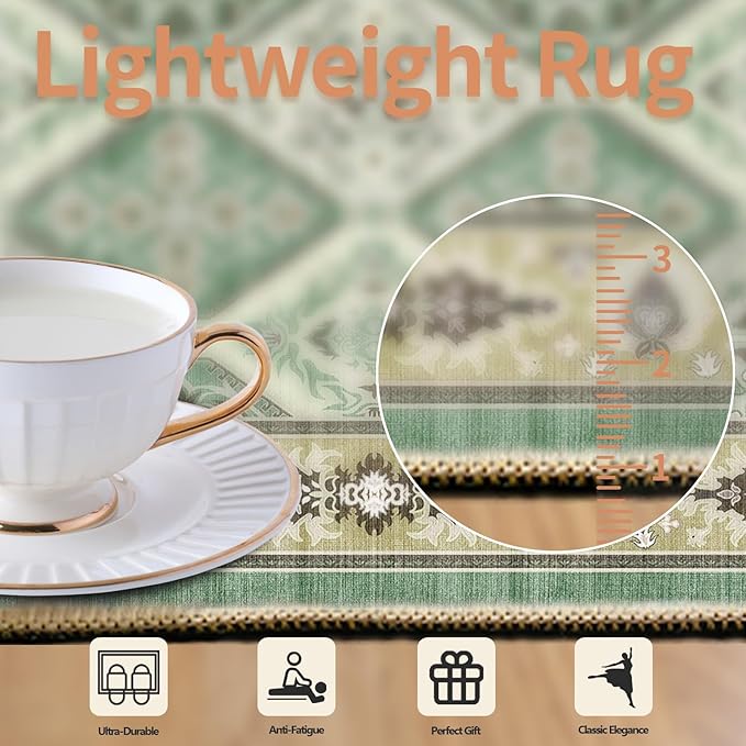 Area Rug for Living Room - Vintage Indoor Machine Washable Rug for Bedroom Dinning Room Floor - Soft Low-Pile Carpet Non-Slip Backing Floral Rugs Office (Green, 8' × 10')