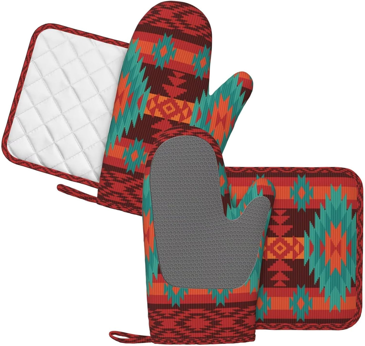 Geometric Ethnic Tribal Oven Mitts and Pot Holders Set of 4 Silicone Native American Kitchen Mitten Gloves and Aztec Western Potholders Set Heat Resistant Oven Gloves Hot Holders for Kitchen