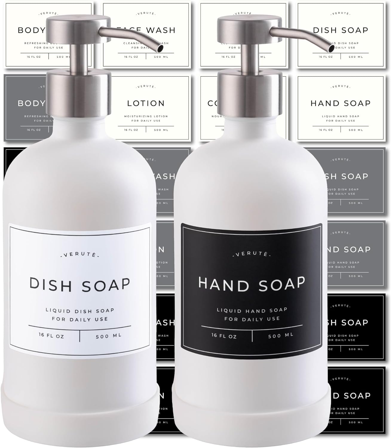 16oz Glass Soap Dispenser with Stainless Steel Pump, 21 Waterproof Labels, Non-Slip Protective Silicone Pad, Set of 2 for Bathroom & Kitchen (Matte White Bottle/Brushed Silver Pump)
