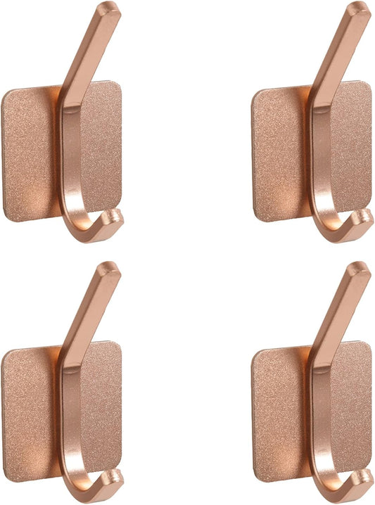 Aluminum Wall Hooks, No Drill Damage-Free Adhesive Hook, Product for Hanging Heavy Duty for Bathroom Kitchen Home (Double Square Rose Gold Hook, 4)
