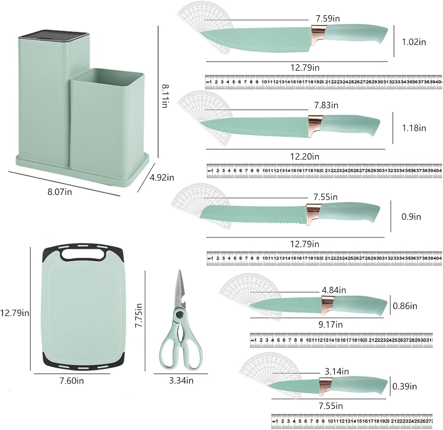 Cooking Utensils Set - 19 Piece Set with 11 Spatulas, 6 Sharp Knives, Silicone Utensils & Cutting Board (Green)