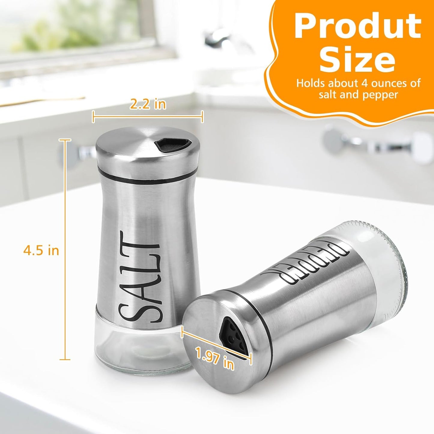 Accmor Salt and Pepper Shakers with Adjustable Pour Hole, Stainless Steel Salt Pepper Shaker Dispenser with Glass Bottom for Kitchen Cooking, RV, Camp, BBQ