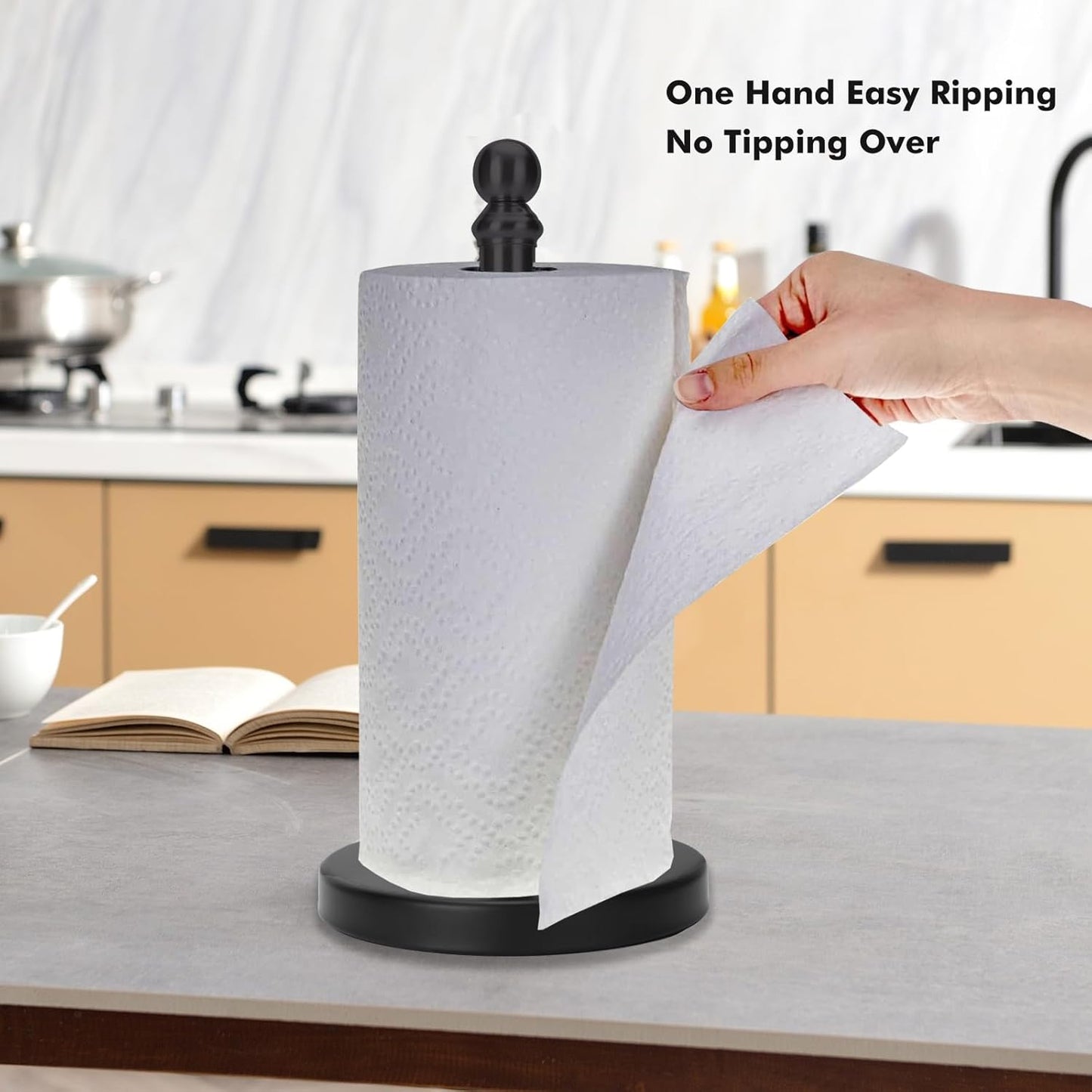 Paper Towel Holder Countertop, Standing Paper Towel Roll Holder for Kitchen Bathroom, with Weighted Base for One-Handed Operation (Black)