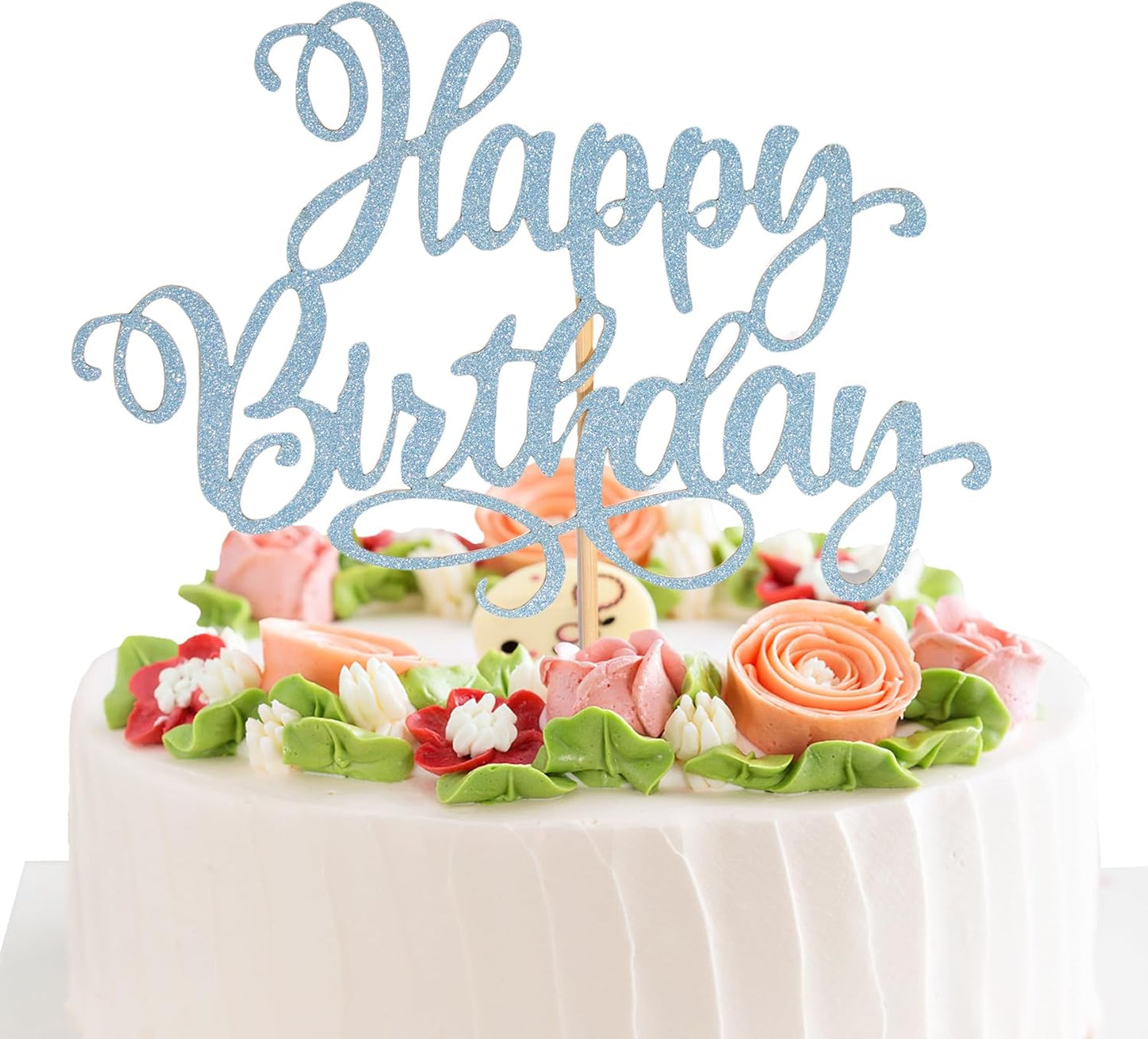 Happy Birthday Cake Toppers 9 Inch Glitter Happy Birthday Cake Pick for Birthday Anniversary Theme Party Cake Decorations Supplies - Litht Blue