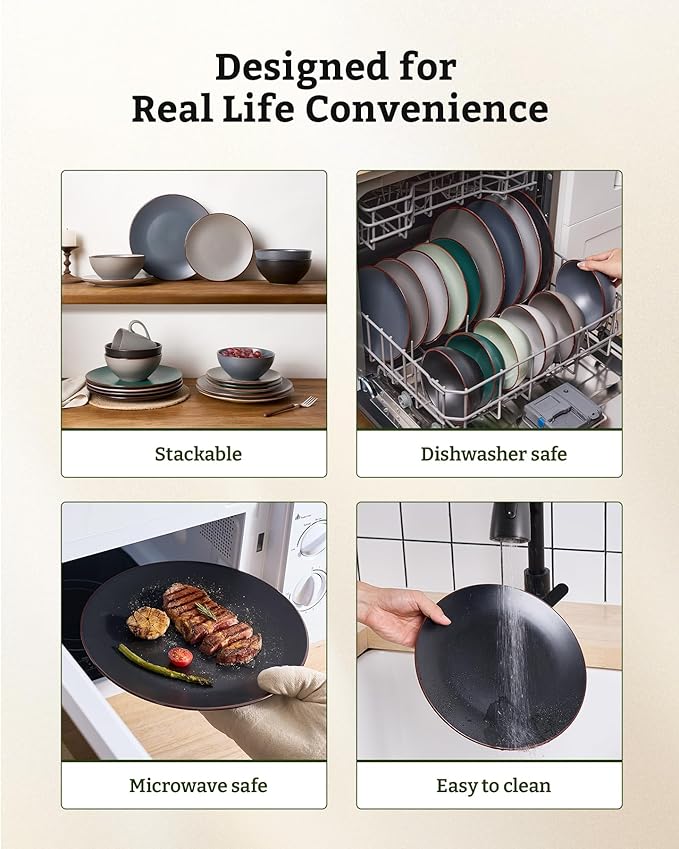 Famiware Venus Plates and Bowls Sets, 12 Pieces Stoneware Dinnerware Sets, Dishes Set for 4, Microwave and Dishwasher Safe, Matte Black