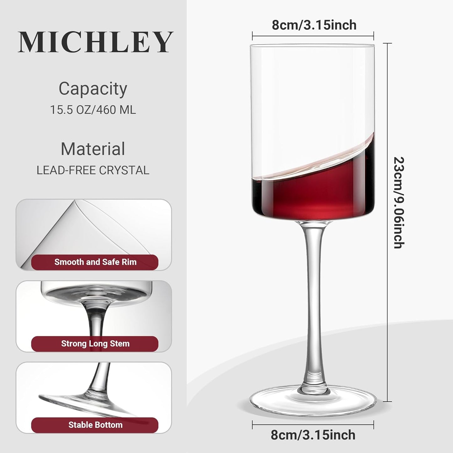 MICHLEY Square Crystal Wine Glasses Set of 2-15.5 oz large Long Stem Glassware Red/White Glasses Drinkware Perfect Gifts for Women, Wedding,Birthday Decorations