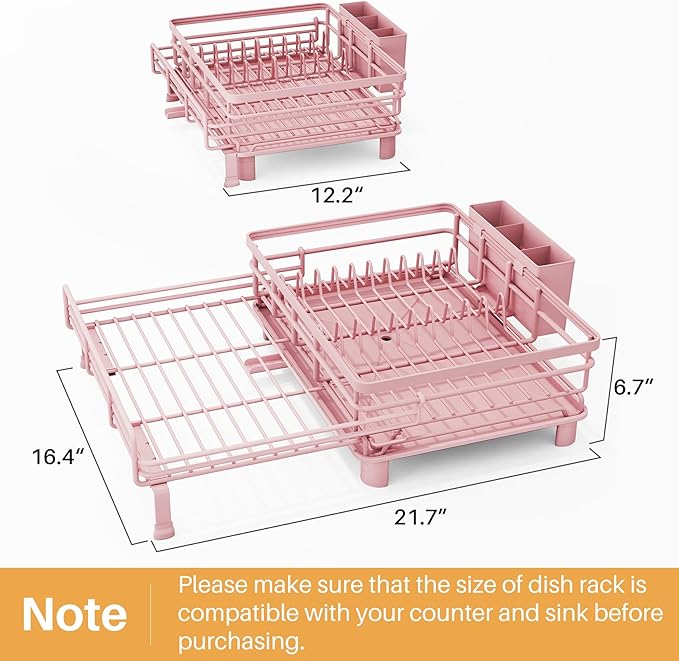 SNTD Dish Drying Rack - Extendable Dish Rack, Large Sink Drying Dish Drainer for Kitchen Counter, Stainless Steel Dish Strainer with Utensil Holder (Pink)