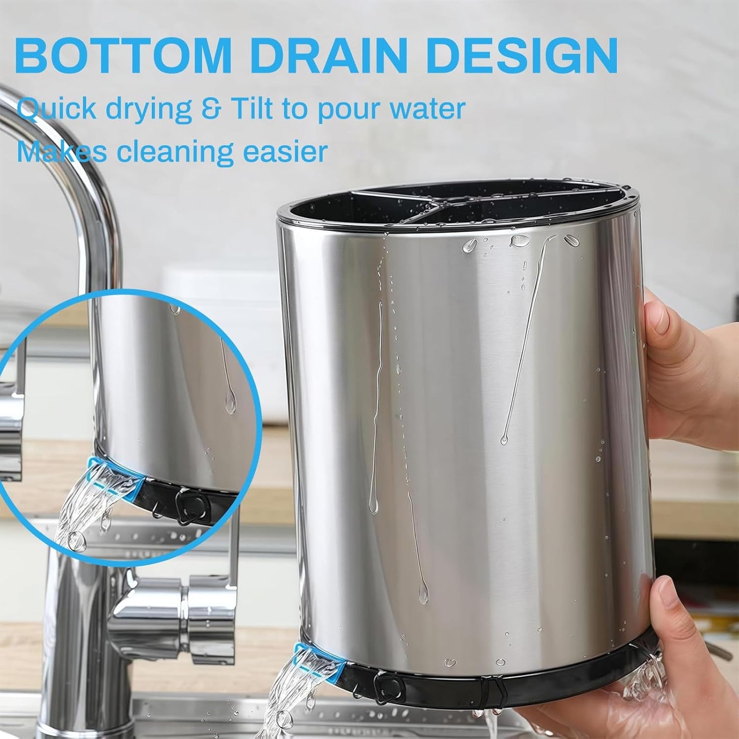 Kitchen Utensil Holder - 360° Rotating Stainless Steel Countertop Organizer (with Cleaning Brush) for Spoons, Spatulas & Cutlery Storage, Cooking Silverware Caddy with Removable Base, Silvery