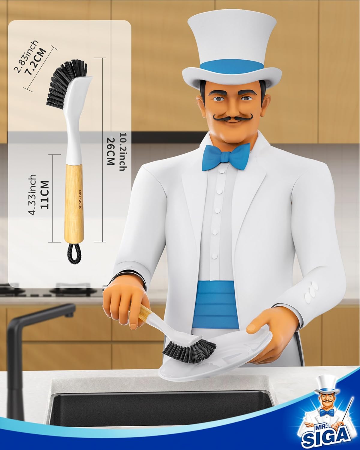 MR.SIGA Dish Brush with Handle, Dish Scrub Brush, Bamboo Dish Brush, Safe on Nonstick Pots, Pans, 2 Pack