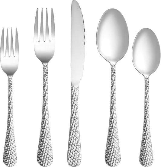 60 Pcs Hammered Silverware Set Service for 12,Stainless Steel Flatware Set,Mirror Polished Cutlery Utensil Set,Durable Home Kitchen Eating Tableware Set,Include Fork Knife Spoon Set,Dishwasher Safe