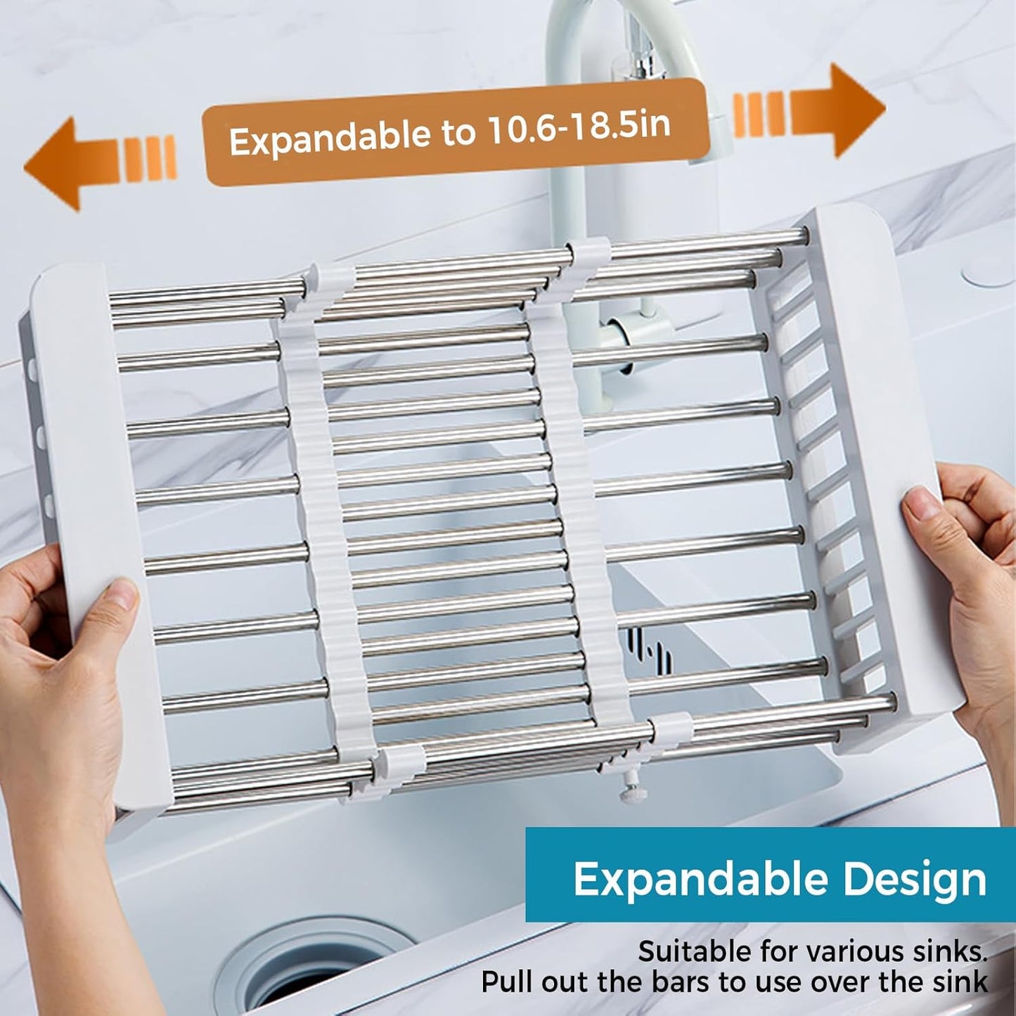 COVRA Over Sink Dish Drying Rack, Stainless Steel Drainer for 11"-19" Sinks, Kitchen Countertop Organizer for Dishes, Vegetables, and Fruits (Gray)