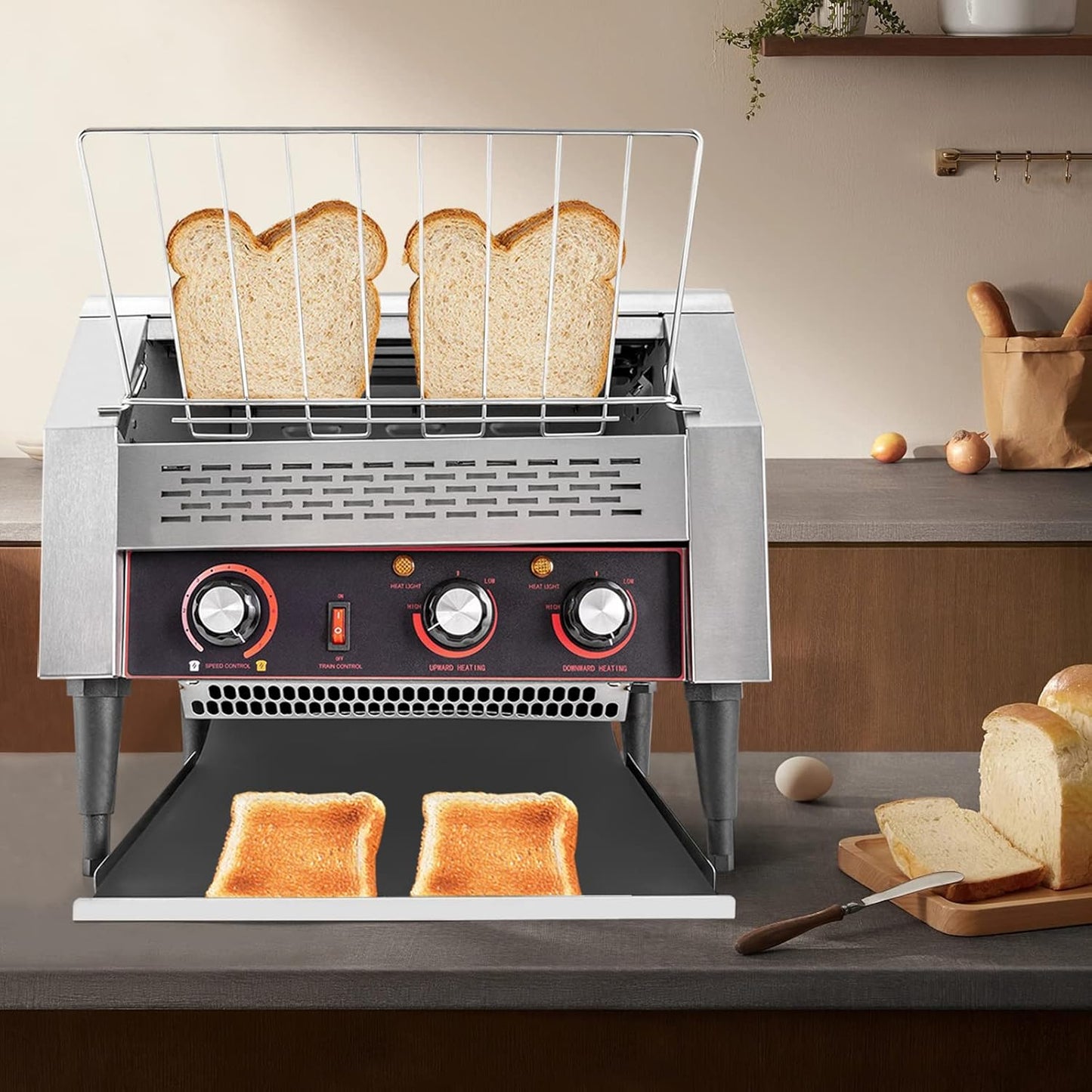 Commercial Conveyor Toaster 450 Slices/Hour Stainless Steel Conveyor Toaster 2600W Electric Toasters Oven Heavy Duty Countertop Restaurant Toaster for Cafes Bun Bagel Bread