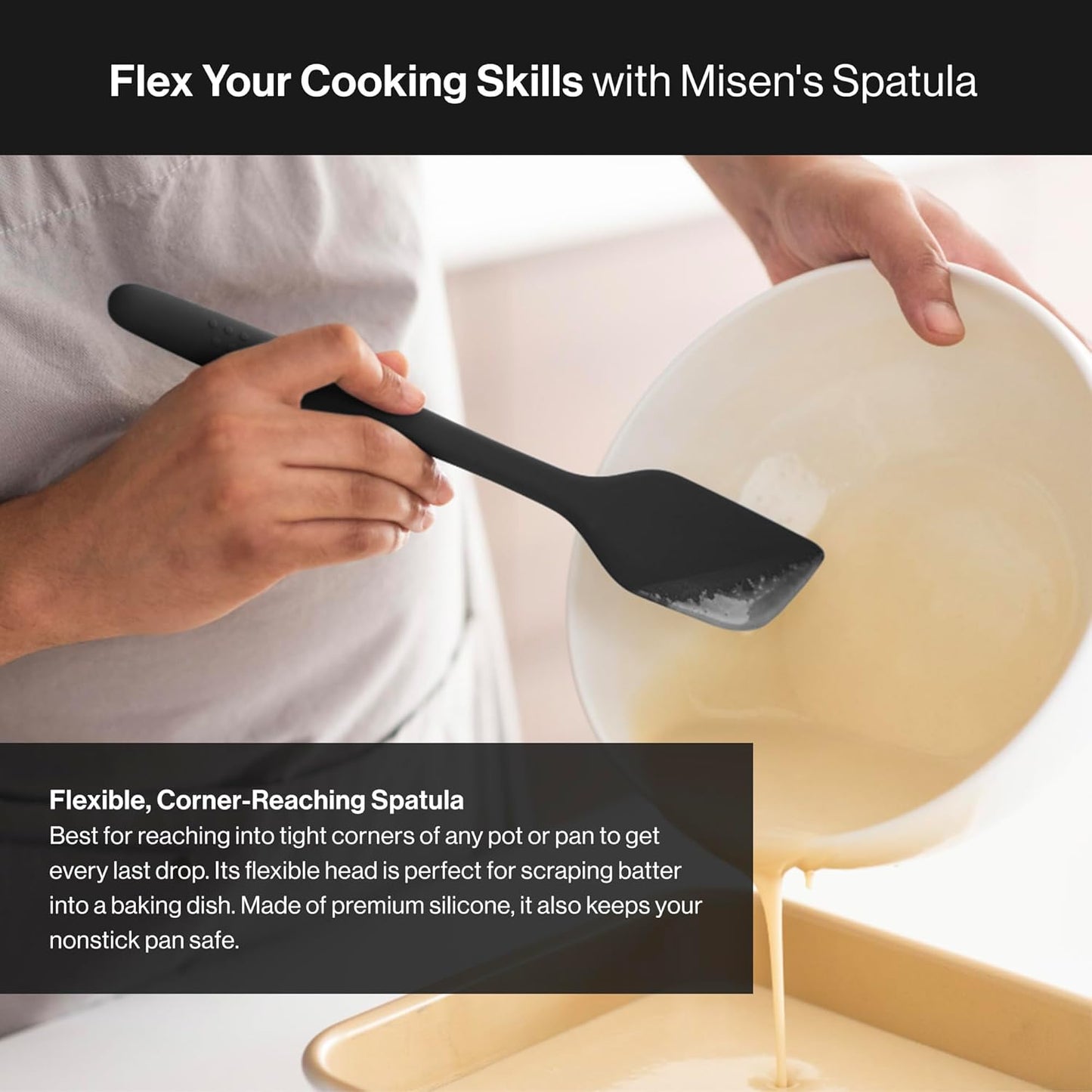 Misen Nonstick-Safe Silicone Spatula - Dishwasher Safe, Heat Resistant - Versatile Professional-Grade Kitchen Tool for Pancakes, Eggs, and Baking - Strong, Flexible, Durable Rubber Utensil - Black