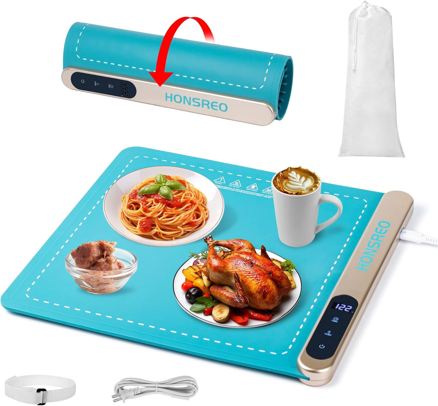 Electric Warming Tray, Silicone Heating Mat with 6 Temperature Modes and 6 Timer Settings Auto Shut-Off, Portable Foldable Roll Up Food Warmer Pad for Parties Gatherings, Home Everyday Use