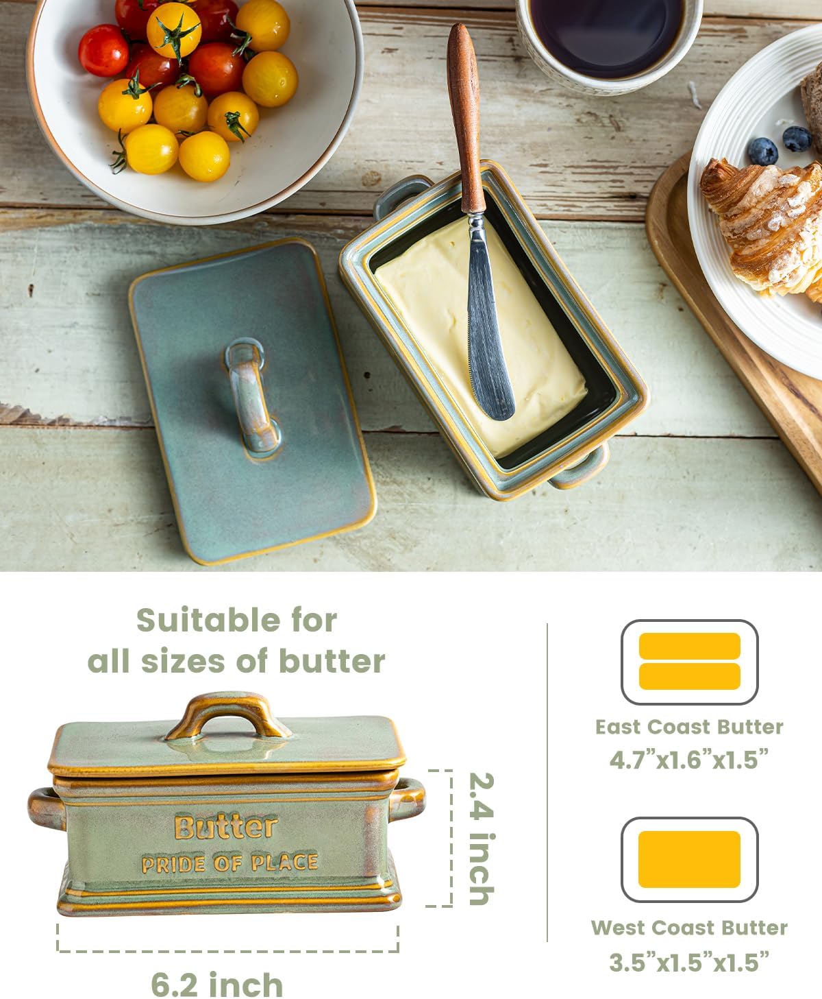 Butter Dish with Lid, Ceramic Butter Holder Container Large Butter Dish for Countertop Farmhouse Decor Butter Keeper for East West Coast Butter, Green