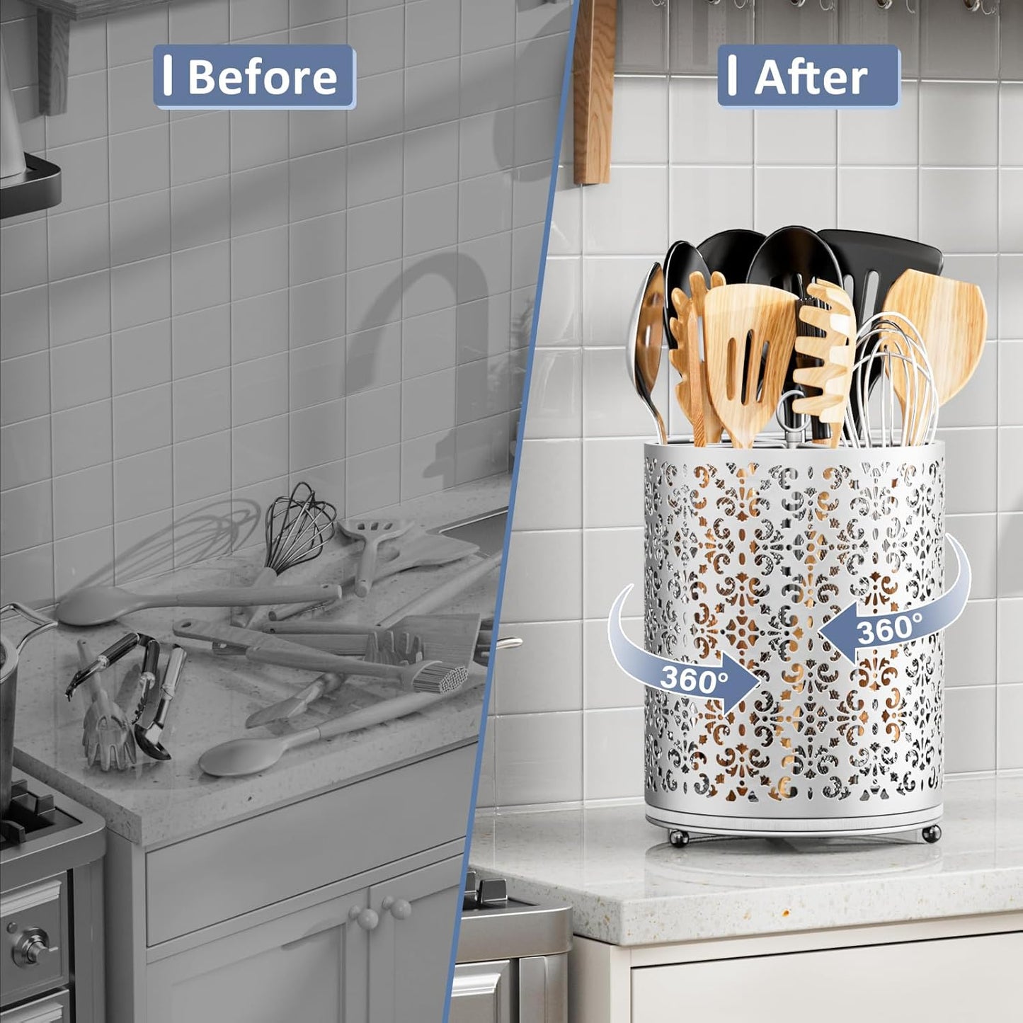 Extra Large Utensil Holder - 360° Rotating Cooking Utensils Caddy Countertop Organizer with Instant-Dry and Removable Base for Kitchen Tools