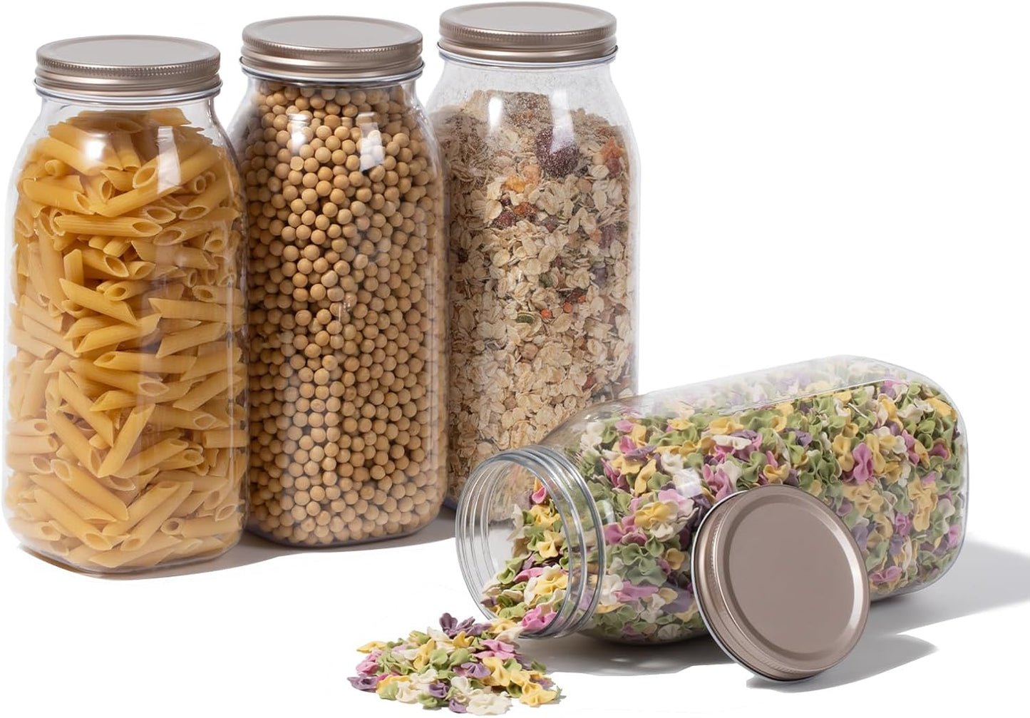 novelinks 64 oz Large Plastic Jars with Metal Lids - 4 Pack BPA-Free Clear Storage Containers for Pantry, Pickles, Sauces, Flour, Snacks - Leak-Proof Airtight Food Grade Jars for Kitchen (Rose Gold)
