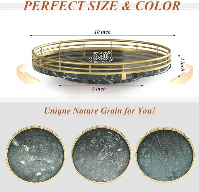 Green Marble Lazy Susan Turntable for Table Top – 10” Round Marble Tray Organizer for Dining Table, Kitchen Countertop & Bar, Luxury Stone Serving Tray with Gold Frame