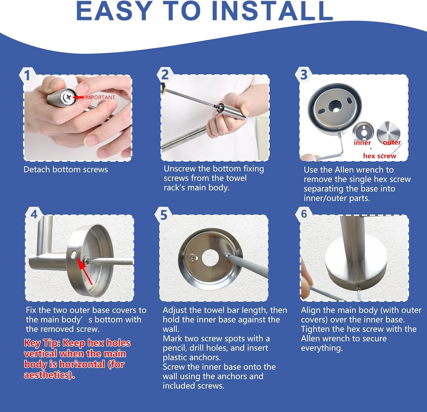 2 Pack Adjustable Towel Bar, HOMOTEK Economic Bathroom Towel Holder Rod from 12 Inch to 22 Inch Single Towel Racks, Wall Mount Towel Rail, Towel Hanger Hook for Kitchen(Brushed Stainless Steel)