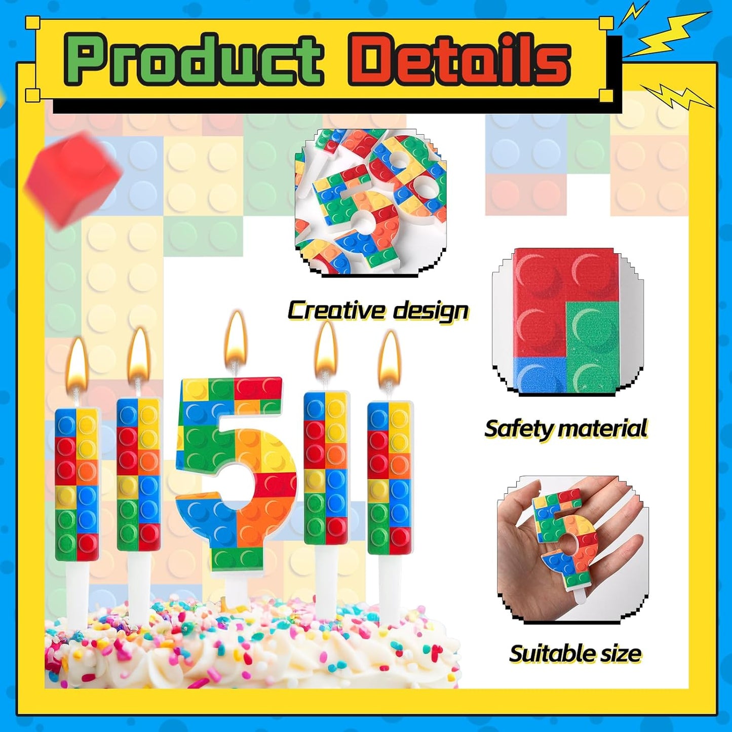 7 Pcs Building Block Themed Birthday Candles Set Building Blocks Number 5 Candle Cake Topper for Building Block Party Decoration Supplies (Number 5)