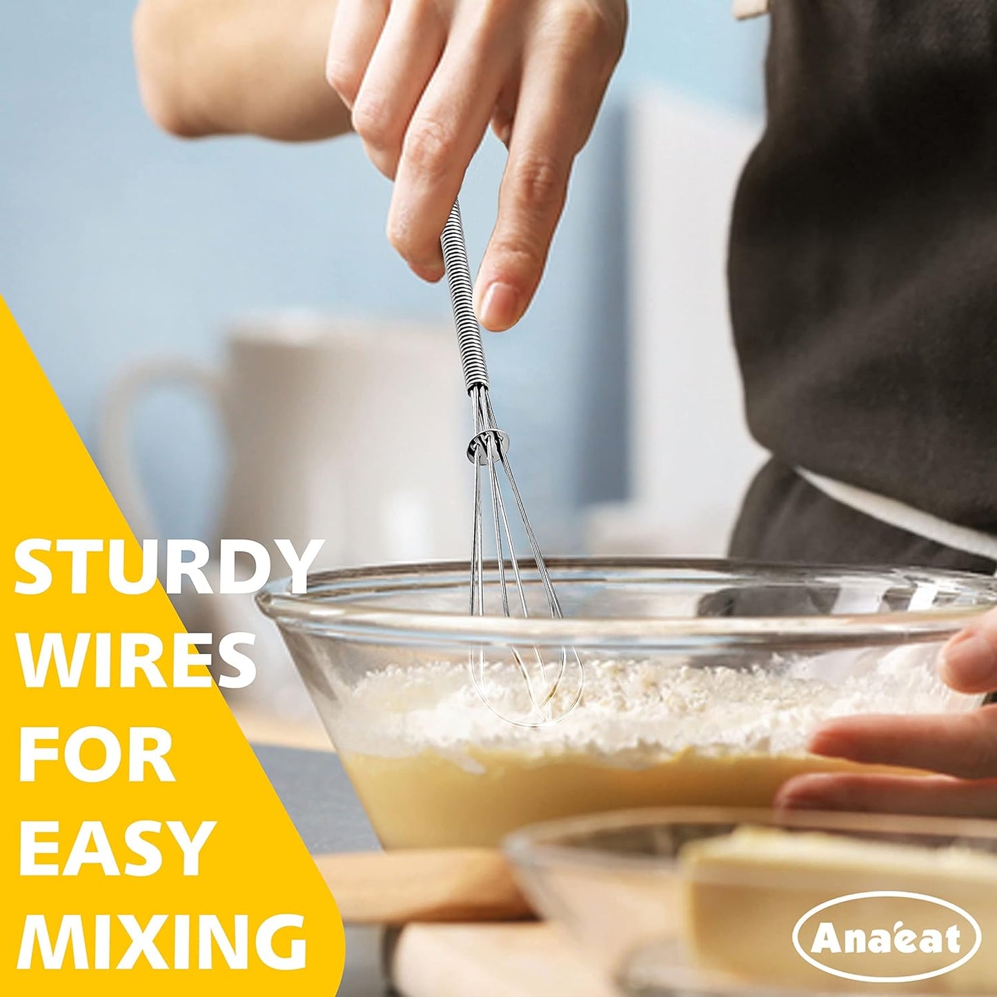 Anaeat Stainless Steel Kitchen Whisk Set of 5, Milk and Egg Beater Blender with Thick Wire for Whisking, Cooking, Baking, Beating and Stirring - 5"+7" Mini Whisk and 8.5''+10.5''+12'' Balloon Whisks