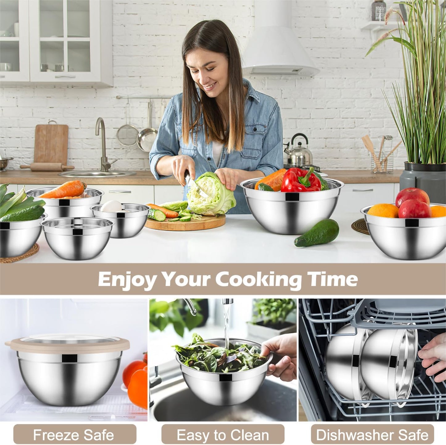 E-far Stainless Steel Mixing Bowls with Airtight Clear Lids Set of 7, Metal Nesting Bowls for Kitchen Prep, Baking, Cooking, Serving, Salad, Dishwasher Safe, Size 4.6, 3.5, 3, 2, 1.5, 1, 0.7QT, Khaki