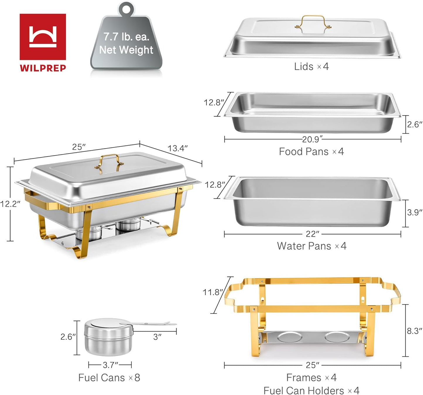 WILPREP Chafing Dishes for Buffet, 4 Pack 9 qt Chafer and Buffet Warmer Set with Full Size Pans & Foldable Frames, Food Grade Stainless Steel Food Warmers for Parties Buffets Banquets, Gold & Silver