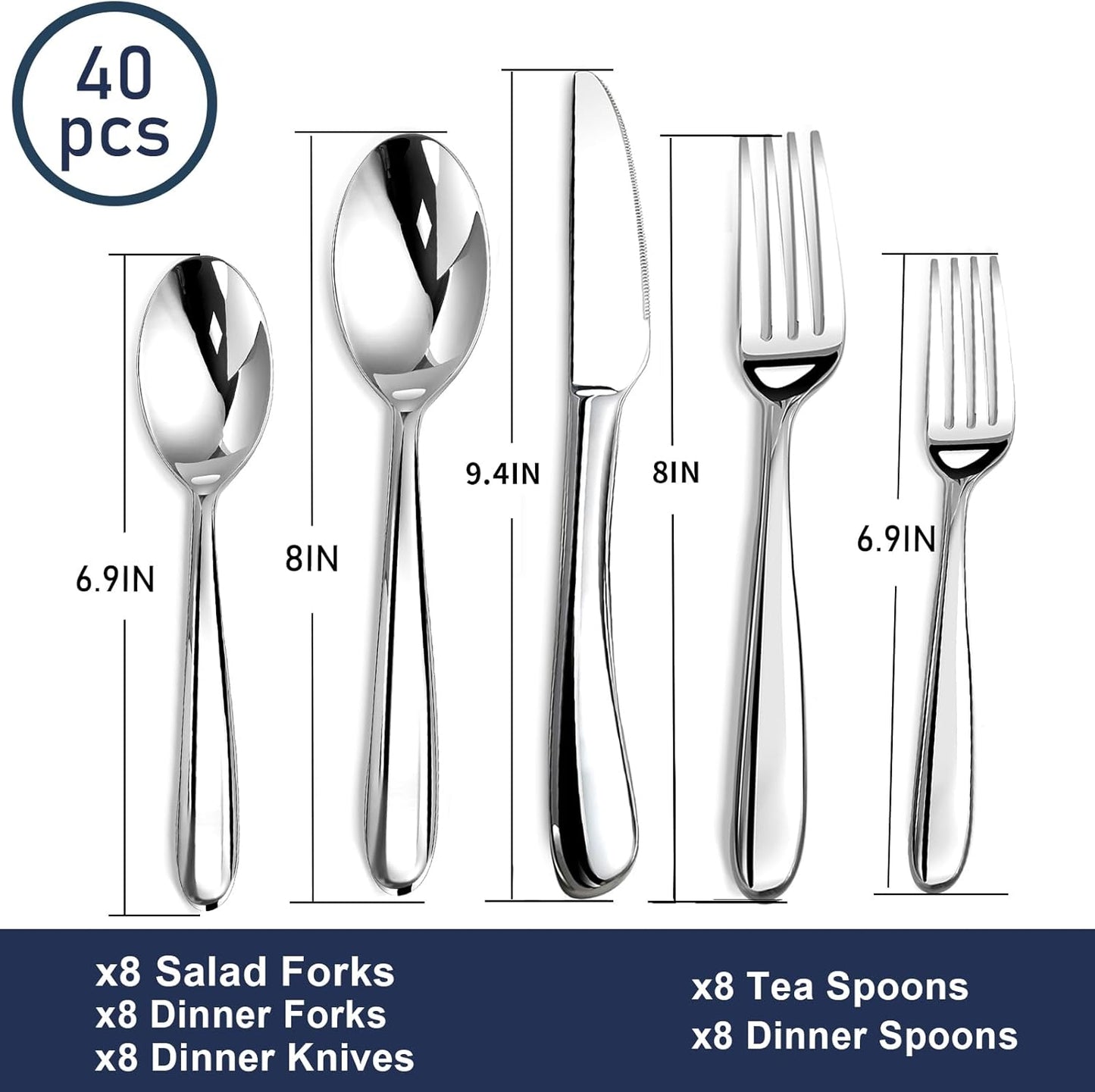 Heavy Duty Silverware Set for 8, 40 Piece Premium Stainless Steel Flatware Utensils Cutlery Set Including Steak Knife Fork and Spoon, Dishwasher Safe, Gift Package for Wedding Housewarming