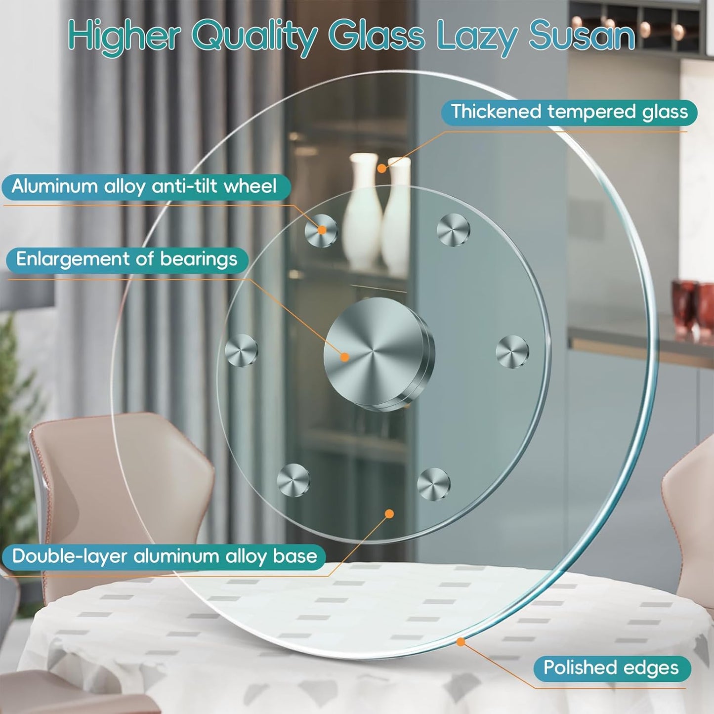 27" Large Lazy Susan for Dining Table Kitchen Glass Turntable with Aluminum Alloy Bearing, Smooth Swivel
