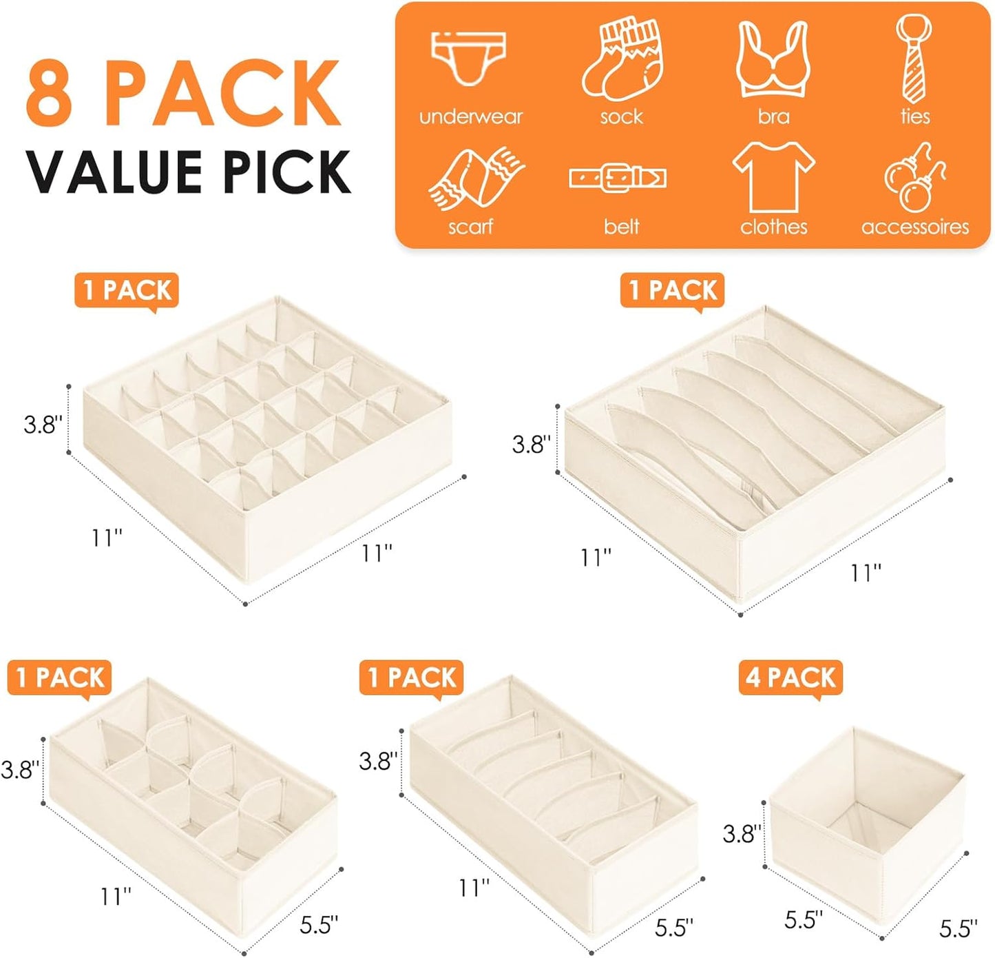 Drawer Organizer Clothes, 8 Pack Dresser Organizer Bins for Baby Clothes, Underwear Sock, Fabric Closet Organization and Storage Dividers for Nursery Bedroom (48 Compartments, Beige)